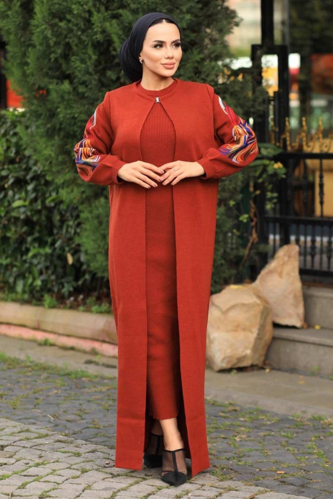 Neva Style - Kolları Desenli Kiremit Tesettür Triko İkili Takım 2200KRMT - 2