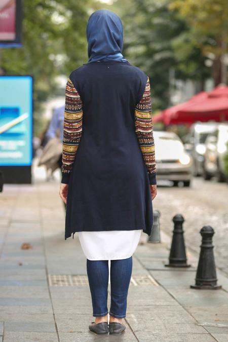 Neva Style - Kolları Desenli Lacivert Tesettür Triko Tunik 15367L - 2
