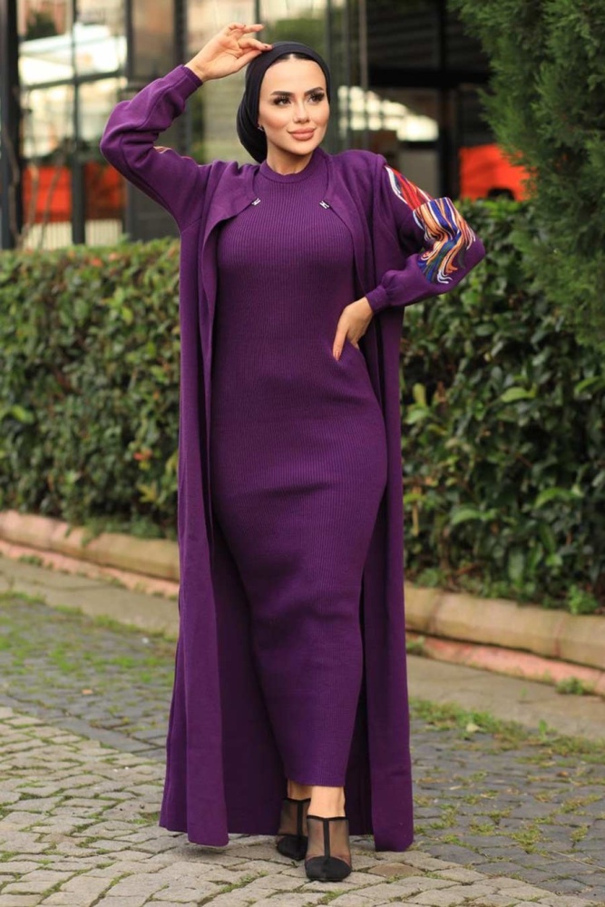 Neva Style - Kolları Desenli Mor Tesettür Triko İkili Takım 2200MOR - 1