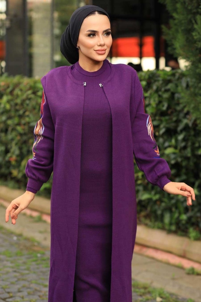 Neva Style - Kolları Desenli Mor Tesettür Triko İkili Takım 2200MOR - 2