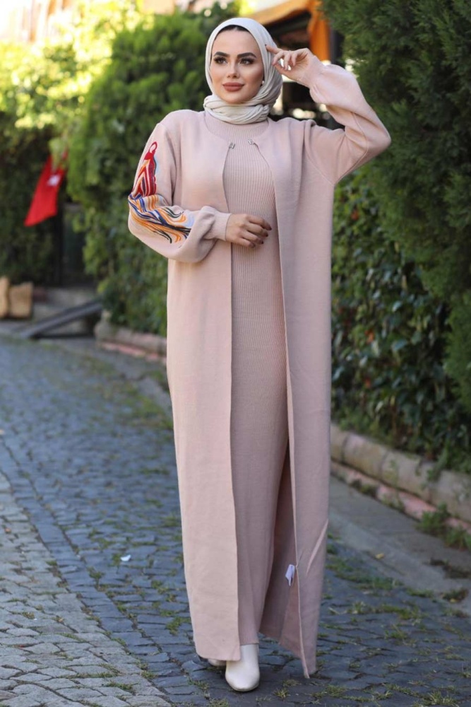 Neva Style - Kolları Desenli Pudra Tesettür Triko İkili Takım 2200PD - 1