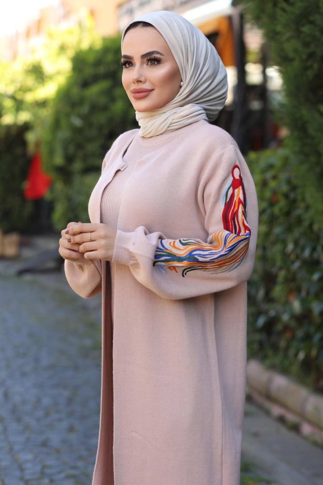 Neva Style - Kolları Desenli Pudra Tesettür Triko İkili Takım 2200PD - 2