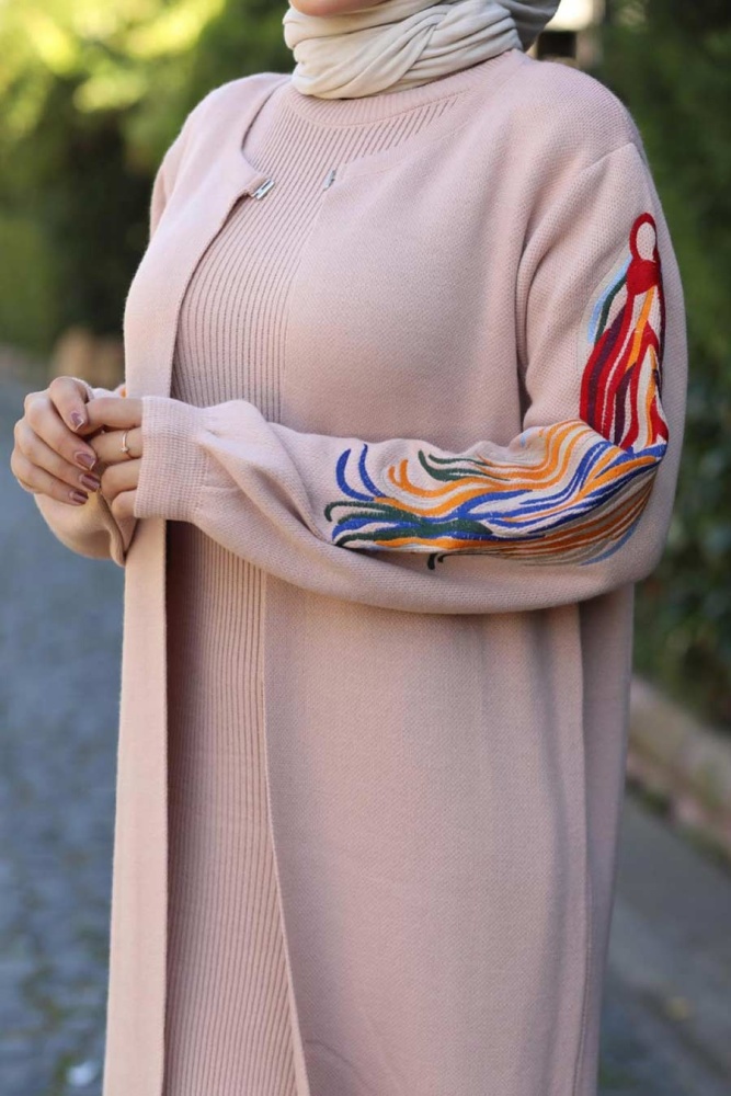 Neva Style - Kolları Desenli Pudra Tesettür Triko İkili Takım 2200PD - 3
