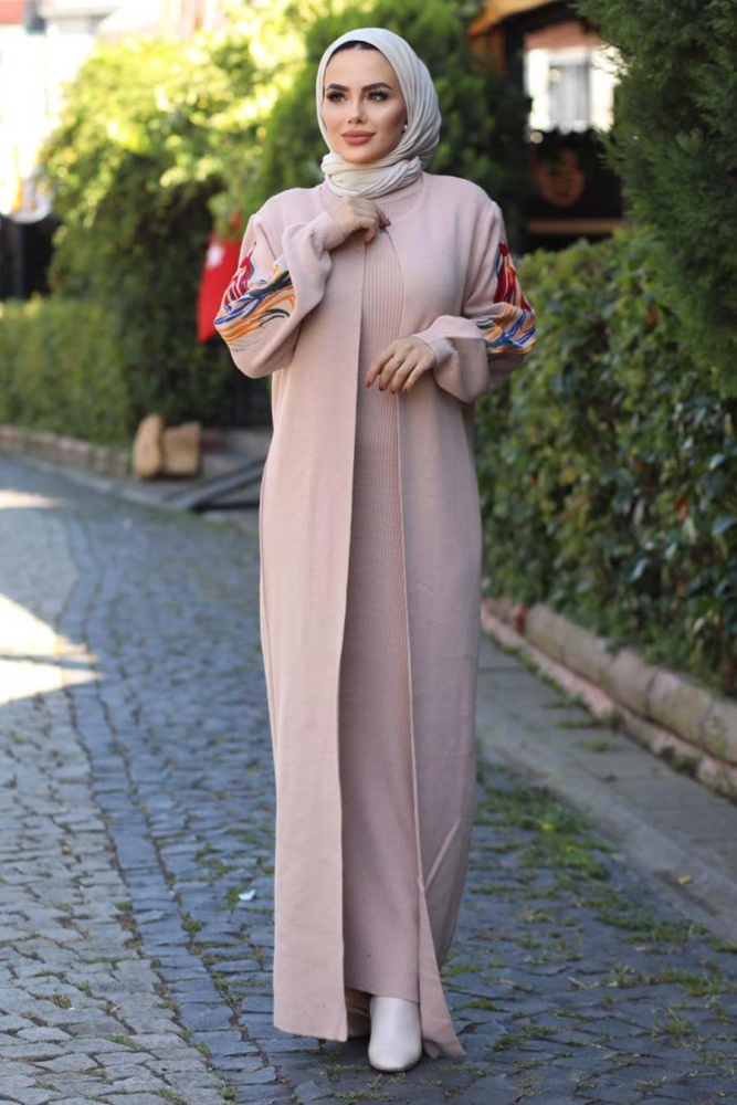 Neva Style - Kolları Desenli Pudra Tesettür Triko İkili Takım 2200PD - 4