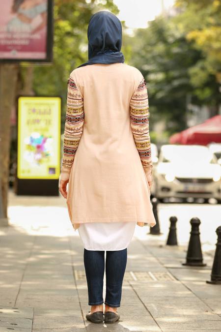 Neva Style - Kolları Desenli Pudra Tesettür Triko Tunik 15367PD - 2