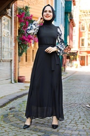 Neva Style - Kolları Desenli Siyah Tesettür Elbise 12327S - Thumbnail