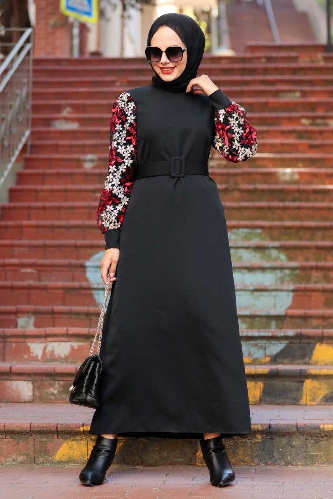 Neva Style - Kolları Desenli Siyah Tesettür Elbise 7647S - 2