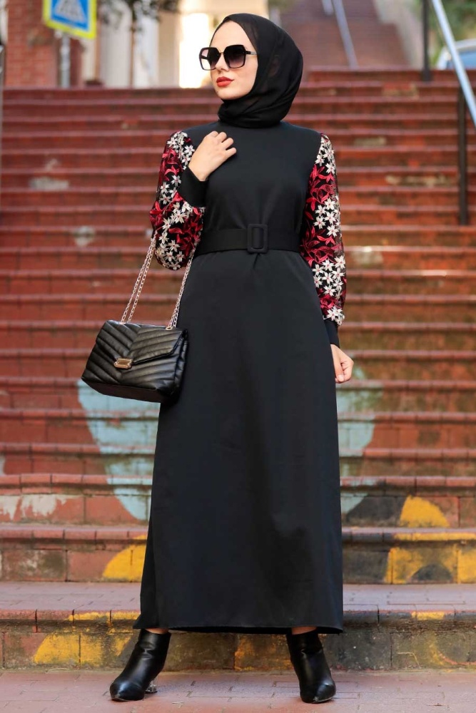 Neva Style - Kolları Desenli Siyah Tesettür Elbise 7647S - 1