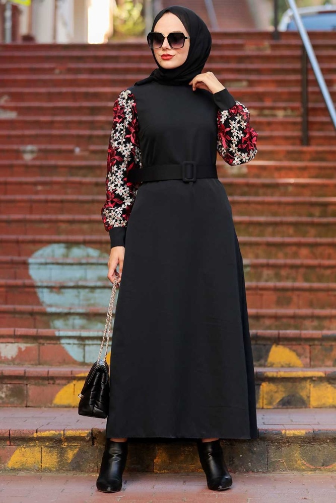 Neva Style - Kolları Desenli Siyah Tesettür Elbise 7647S - 3