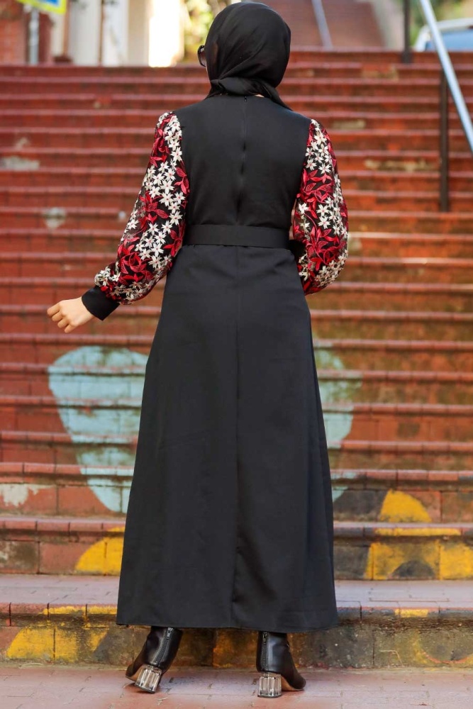 Neva Style - Kolları Desenli Siyah Tesettür Elbise 7647S - 4