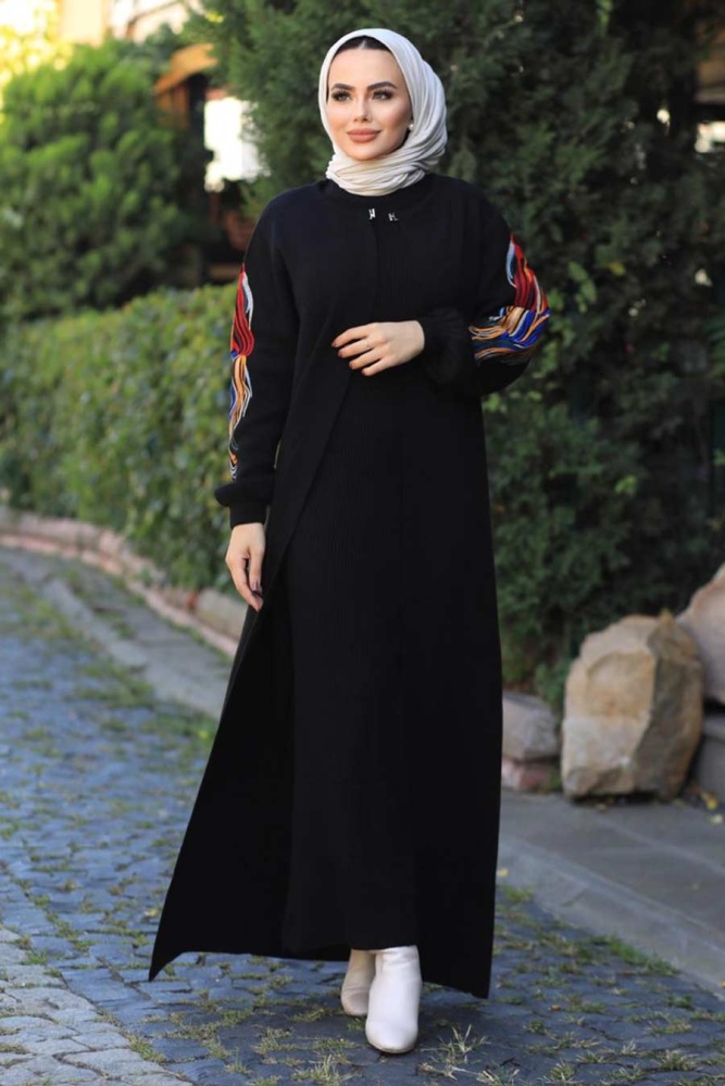 Neva Style - Kolları Desenli Siyah Tesettür Triko İkili Takım 2200S - 1