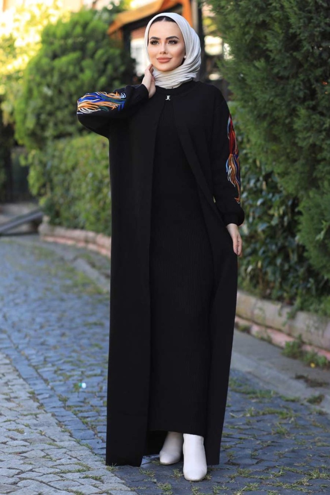 Neva Style - Kolları Desenli Siyah Tesettür Triko İkili Takım 2200S - 2