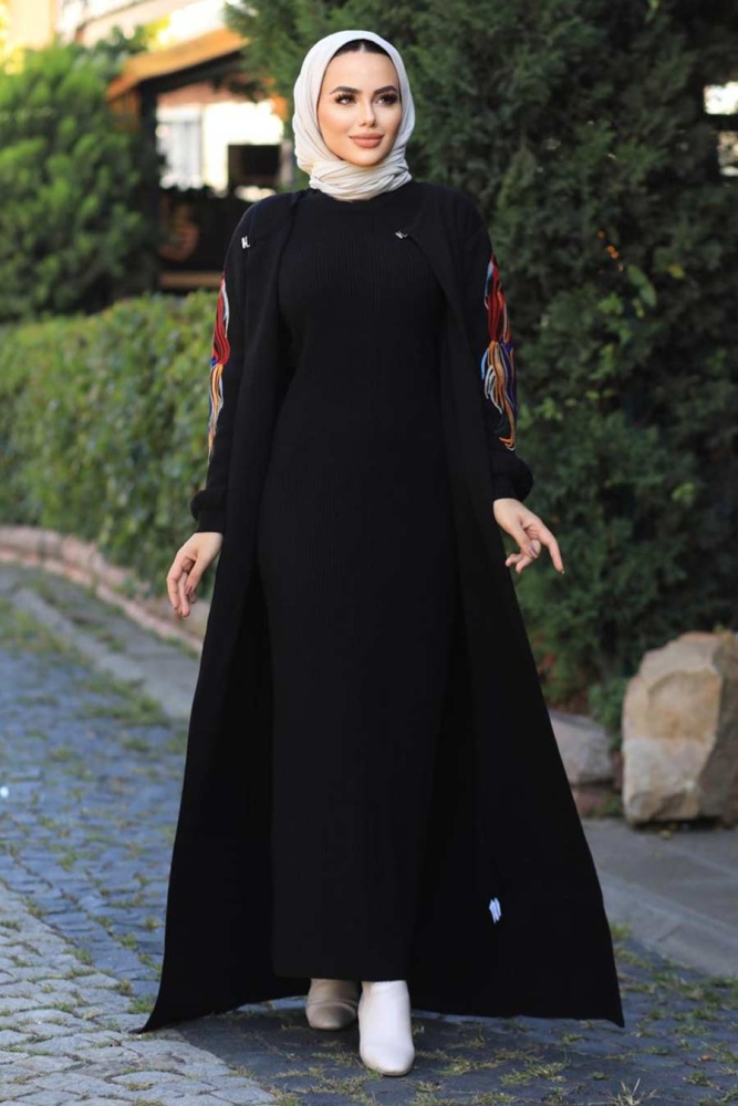 Neva Style - Kolları Desenli Siyah Tesettür Triko İkili Takım 2200S - 3