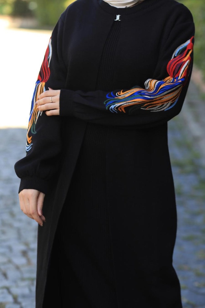 Neva Style - Kolları Desenli Siyah Tesettür Triko İkili Takım 2200S - 4