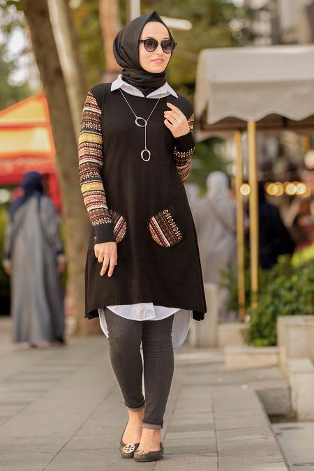Neva Style - Kolları Desenli Siyah Tesettür Triko Tunik 15367S - 2