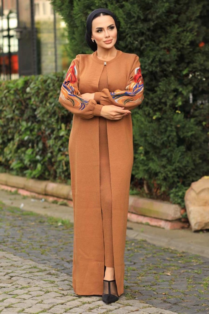 Neva Style - Kolları Desenli Taba Tesettür Triko İkili Takım 2200TB - 1