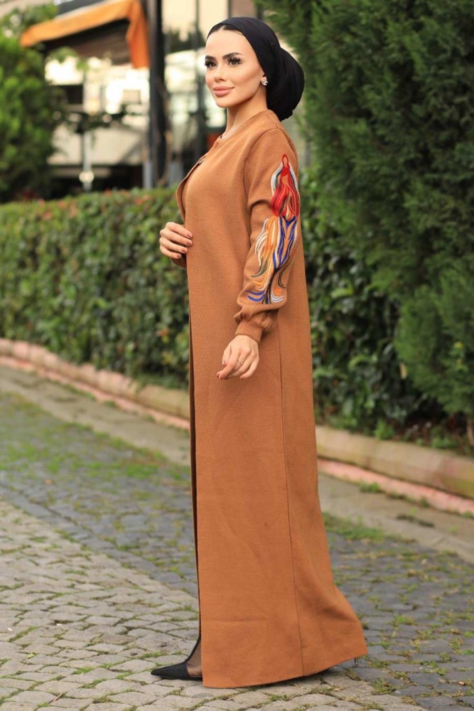 Neva Style - Kolları Desenli Taba Tesettür Triko İkili Takım 2200TB - 2