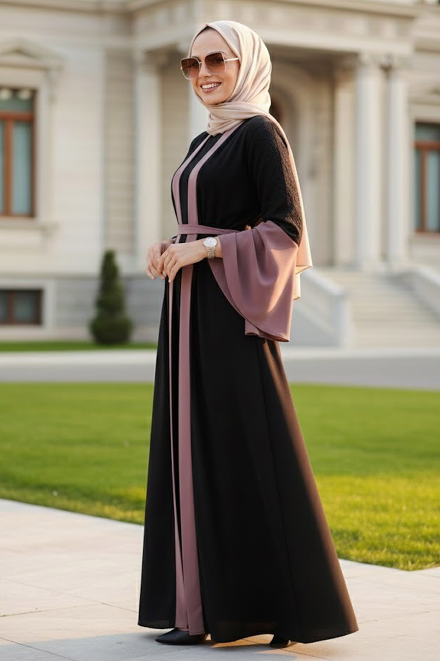  Kolları Detaylı Açık Gül Kurusu Tesettür Abaya 55510AGK