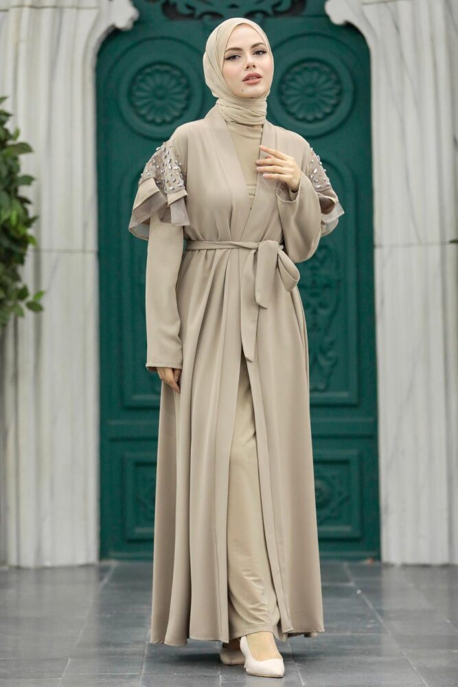  Kolları Detaylı Bej Tesettür Abaya 388900BEJ - 3