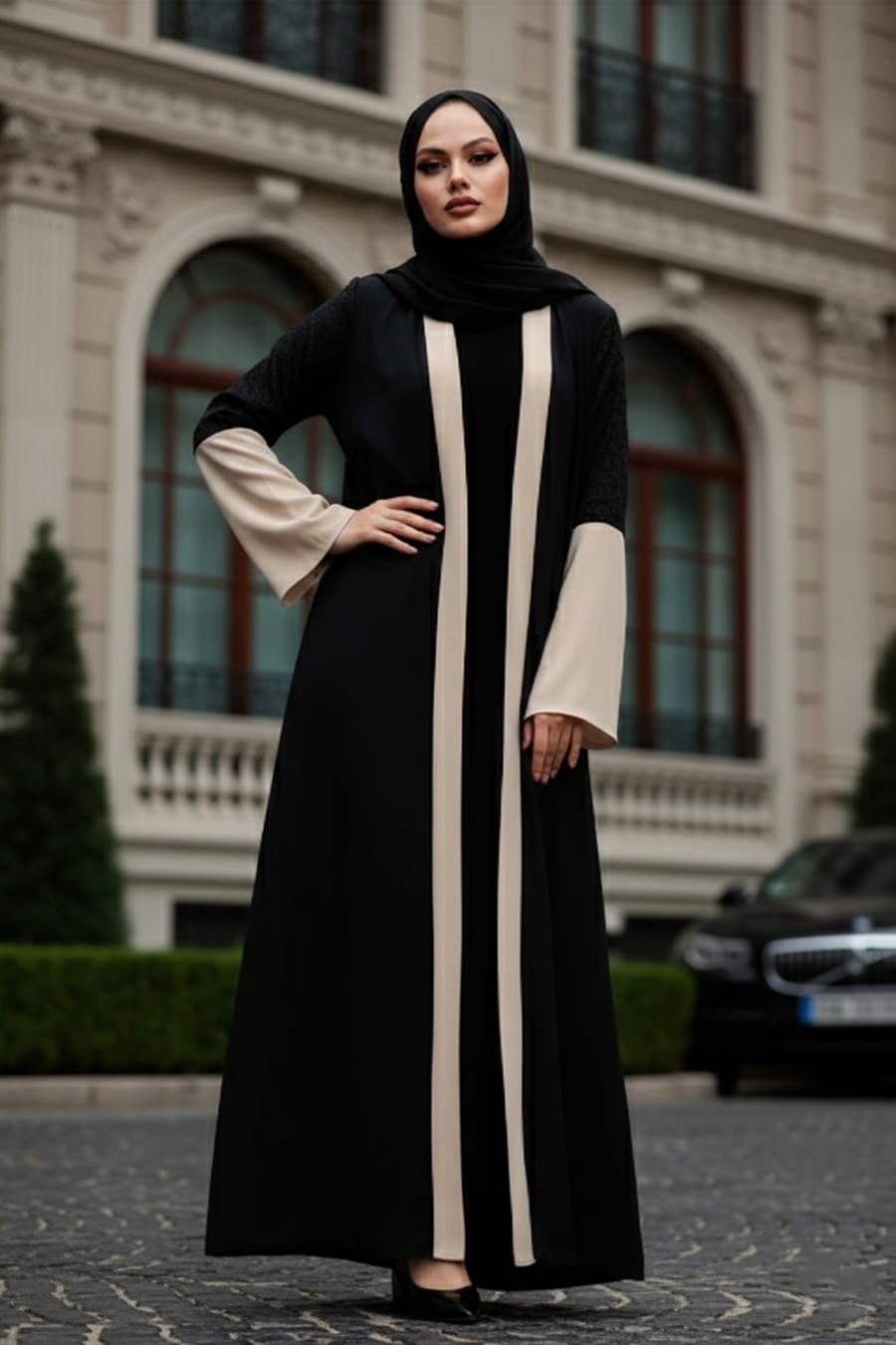  Kolları Detaylı Bej Tesettür Abaya 55510BEJ