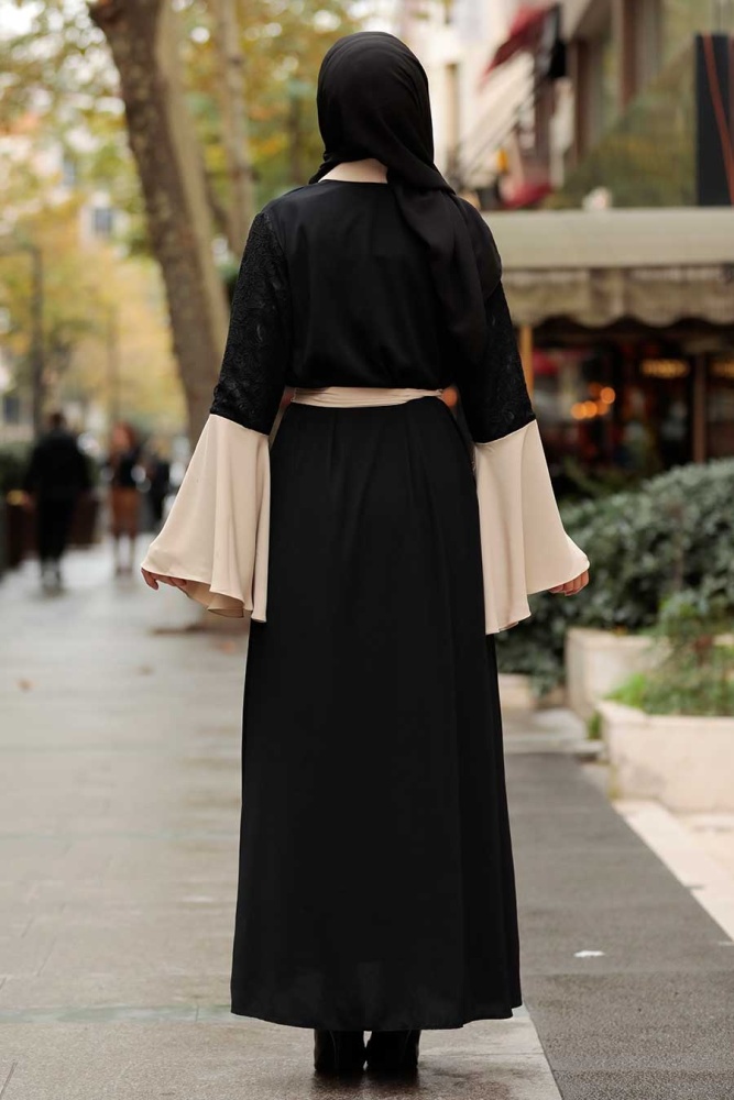 Neva Style - Kolları Detaylı Bej Tesettür Abaya 55510BEJ - 2