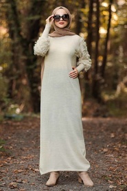Neva Style - Kolları Detaylı Bej Tesettür Triko Elbise 1020BEJ - Thumbnail