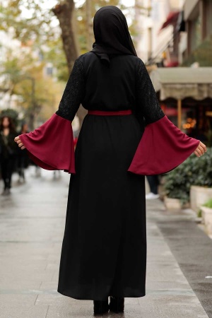 Neva Style - Kolları Detaylı Bordo Tesettür Abaya 55510BR - 2