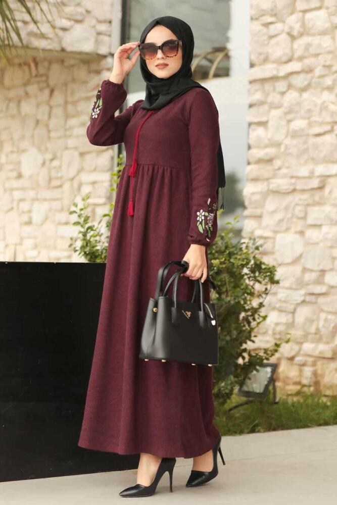 Neva Style - Kolları Detaylı Bordo Tesettür Elbise 10601BR - 1