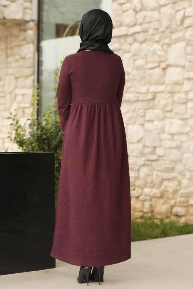 Neva Style - Kolları Detaylı Bordo Tesettür Elbise 10601BR - 2