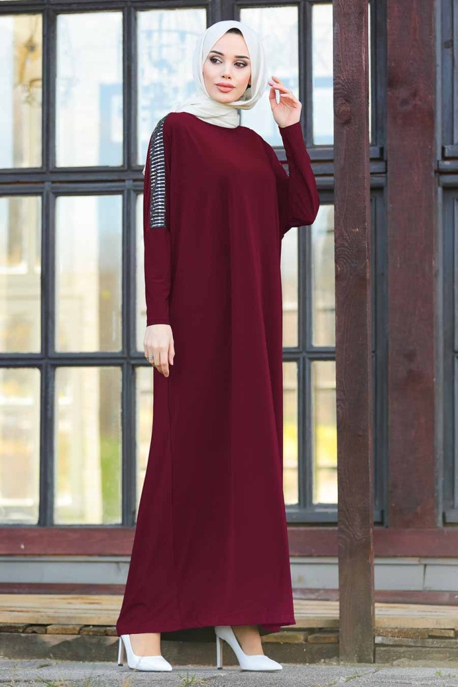 Neva Style - Kolları Detaylı Bordo Tesettür Ferace 1671BR - 1
