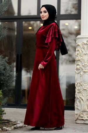 Neva Style - Kolları Detaylı Bordo Tesettür Kadife Elbise 1456BR - 1