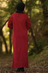 Neva Style - Kolları Detaylı Bordo Tesettür Triko Elbise 1020BR - Thumbnail