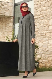 Neva Style - Kolları Detaylı Füme Tesettür Elbise 10601FU - Thumbnail
