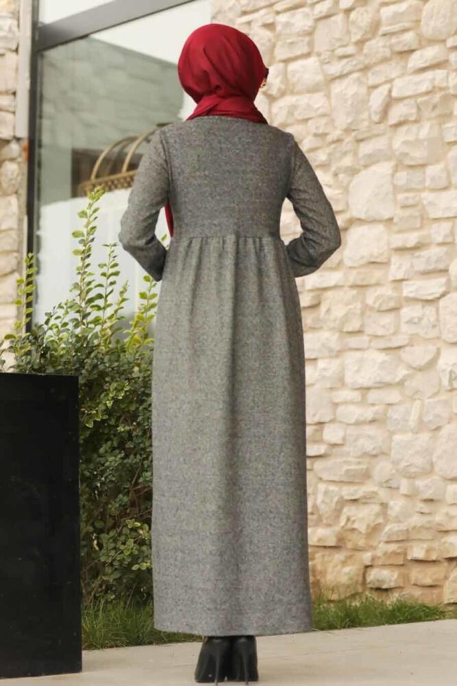 Neva Style - Kolları Detaylı Füme Tesettür Elbise 10601FU - 2