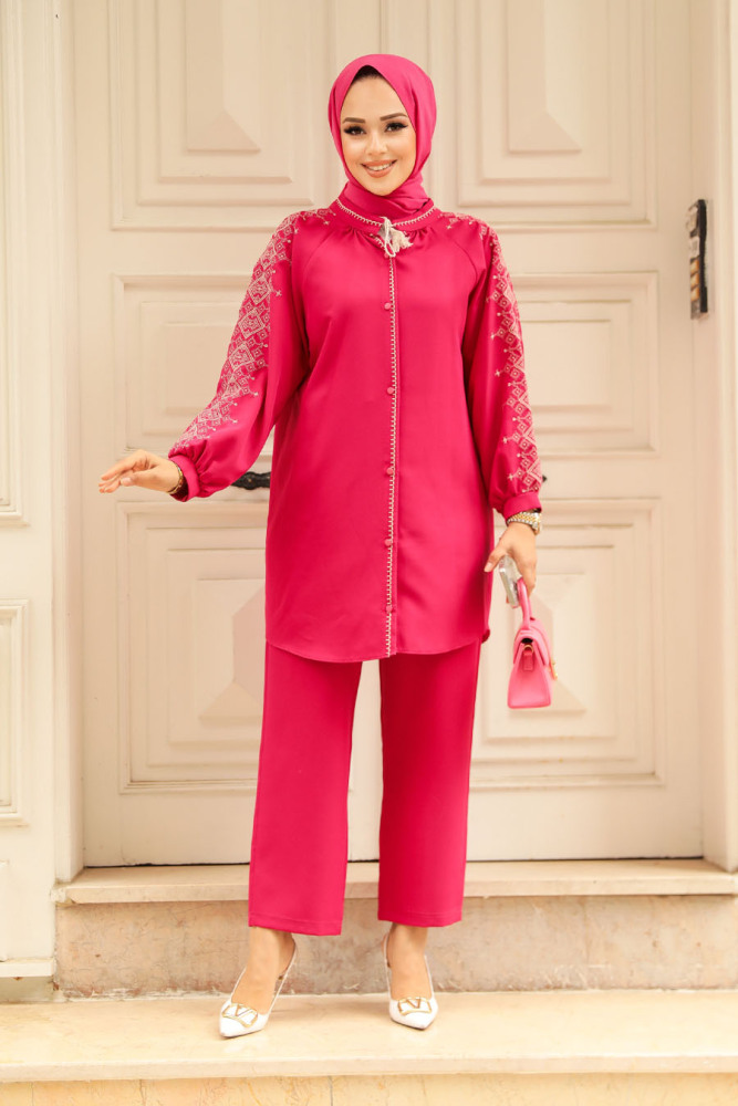 Neva Style - Kolları Detaylı Fuşya Tesettür İkili Takım 9246F - 2