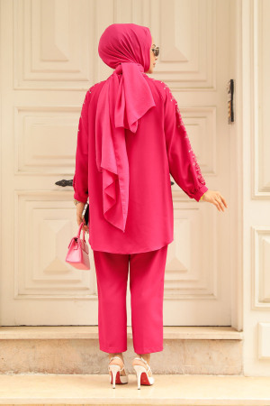 Neva Style - Kolları Detaylı Fuşya Tesettür İkili Takım 9246F - 3