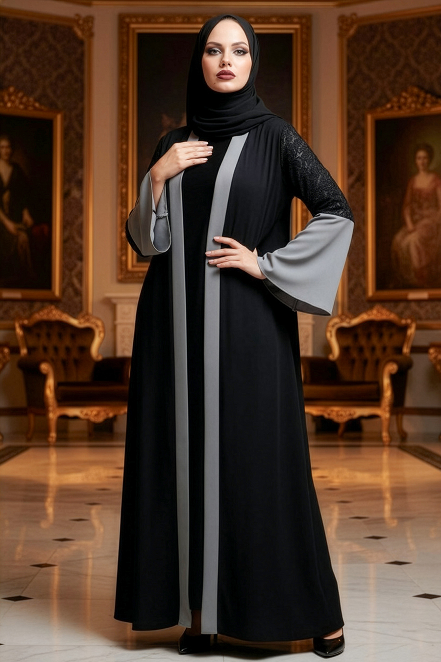  Kolları Detaylı Gri Tesettür  Abaya 55510GR
