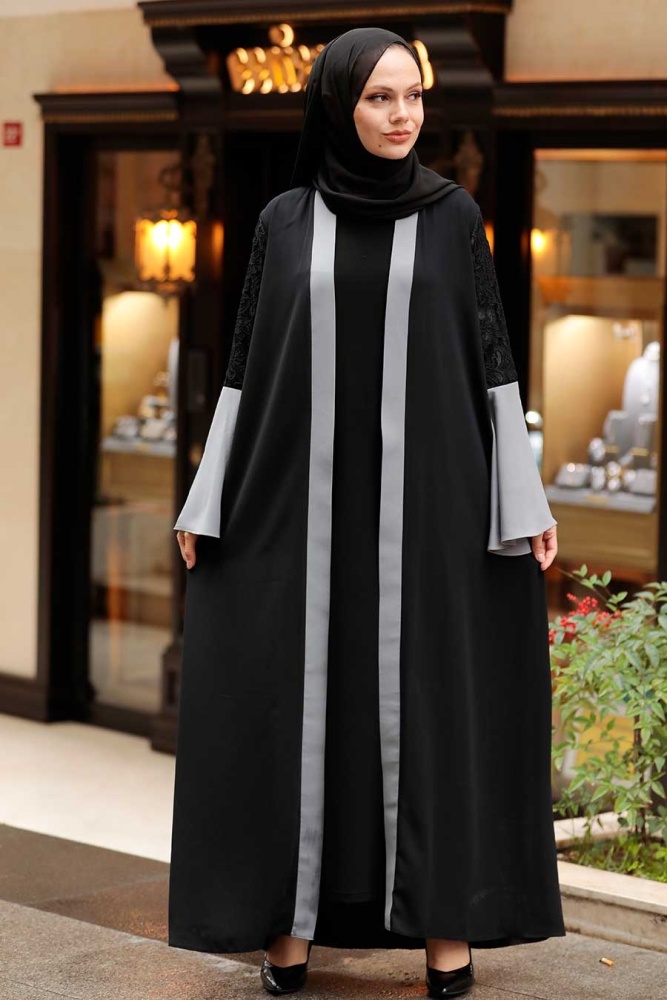 Neva Style - Kolları Detaylı Gri Tesettür Abaya 55510GR - 1