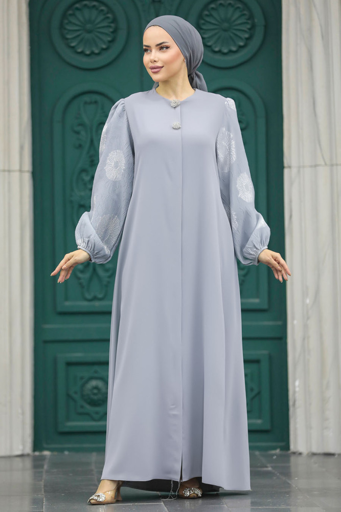 Neva Style - Kolları Detaylı Gri Tesettür Ferace 20157GR - 4