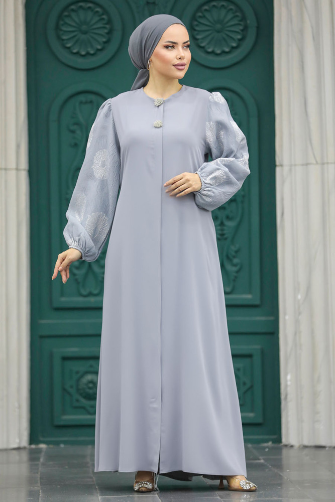 Neva Style - Kolları Detaylı Gri Tesettür Ferace 20157GR - 2