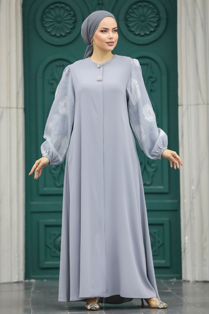 Neva Style - Kolları Detaylı Gri Tesettür Ferace 20157GR - 3
