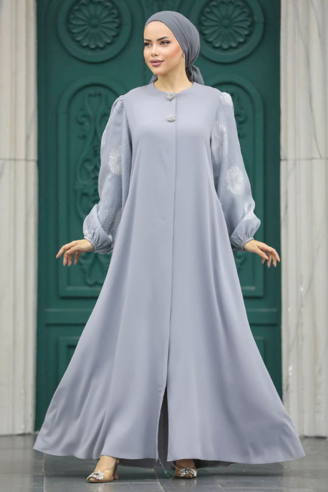Neva Style - Kolları Detaylı Gri Tesettür Ferace 20157GR - 1