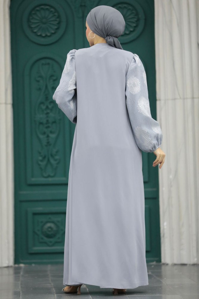 Neva Style - Kolları Detaylı Gri Tesettür Ferace 20157GR - 5