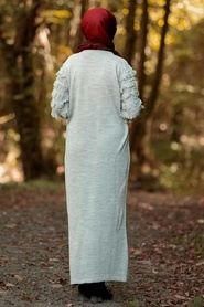 Neva Style - Kolları Detaylı Gri Tesettür Triko Elbise 1020GR - Thumbnail