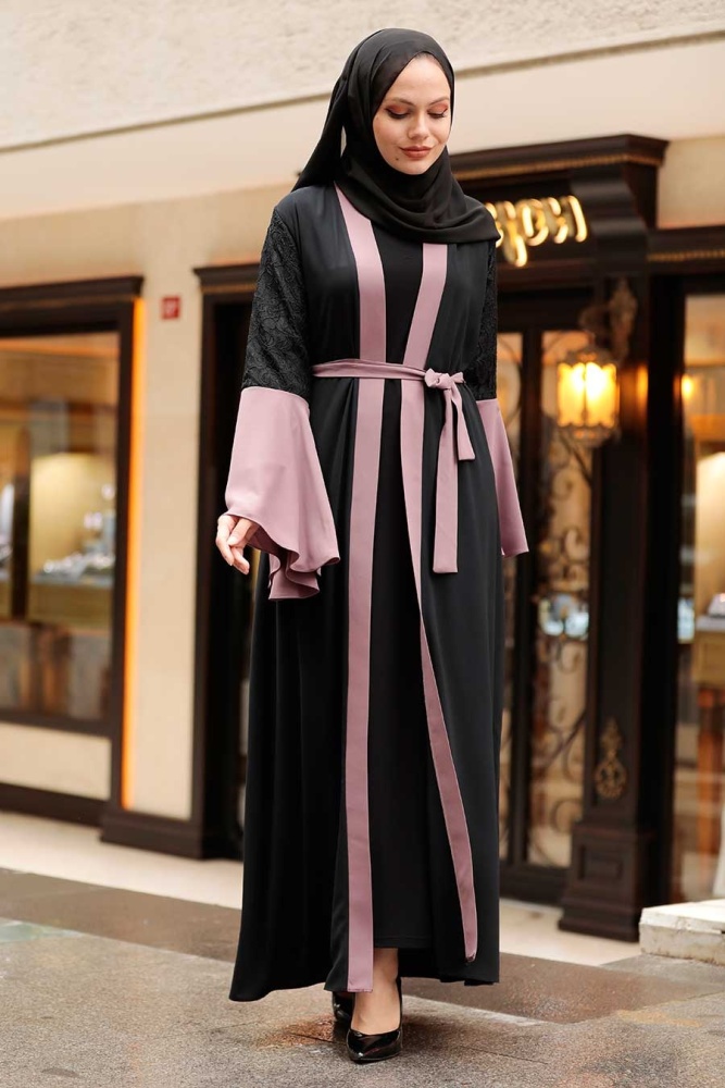 Neva Style - Kolları Detaylı Gül Kurusu Tesettür Abaya 55510GK - 1