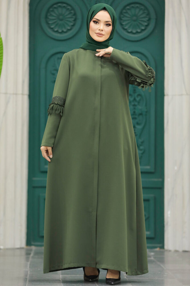 Neva Style - Kolları Detaylı Haki Tesettür Ferace 10021HK - 3