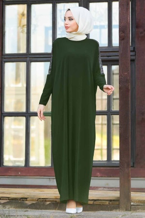 Neva Style - Kolları Detaylı Haki Tesettür Ferace 1671HK - 1