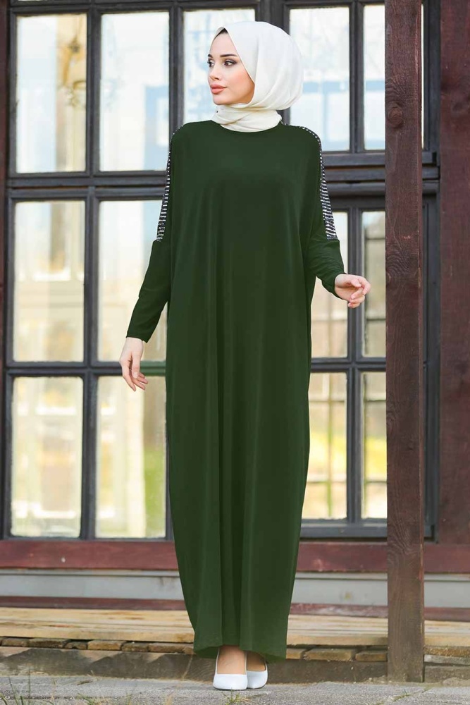 Neva Style - Kolları Detaylı Haki Tesettür Ferace 1671HK - 1