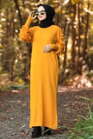 Neva Style - Kolları Detaylı Hardal Tesettür Triko Elbise 1020HR - Thumbnail
