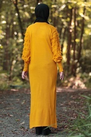 Neva Style - Kolları Detaylı Hardal Tesettür Triko Elbise 1020HR - Thumbnail